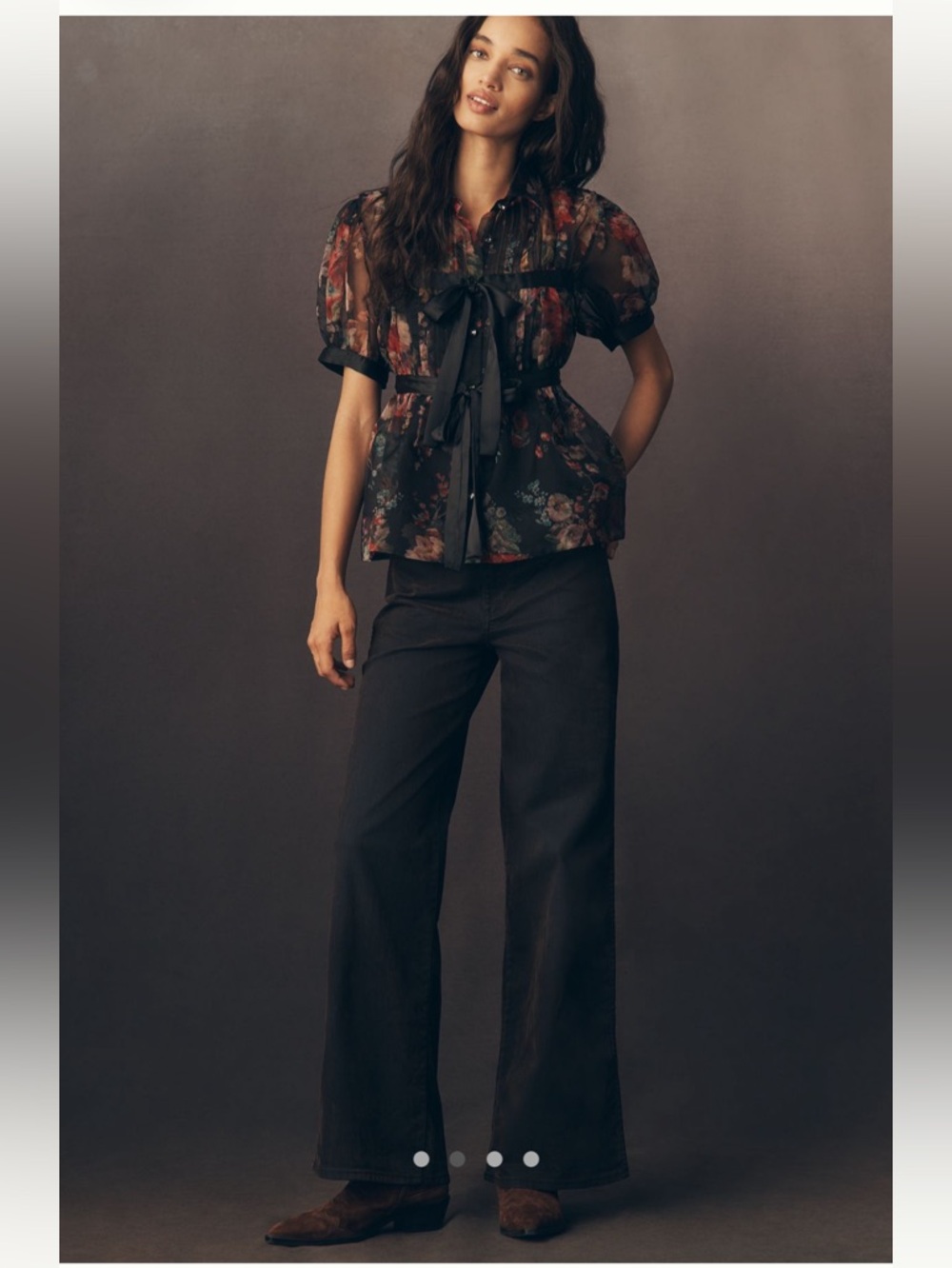 Short Sleeve Tie Front Sheer Black Floral Blouse